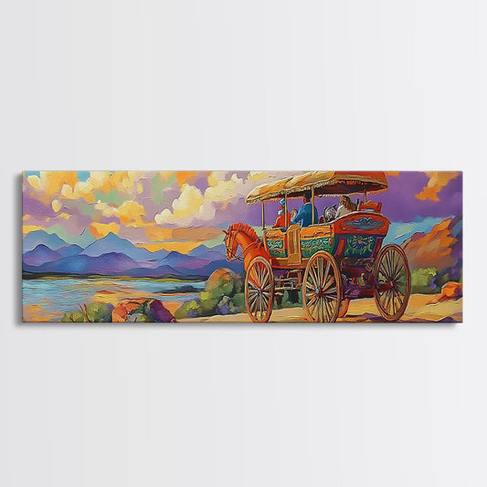 Colorful Stagecoach, cowboy painting, landscape painting, extra wide art, above sofa art, vintage horse art, canvas print