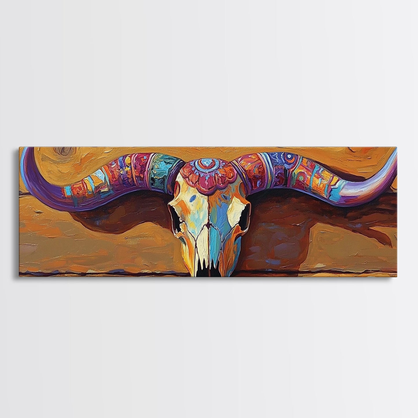 Bemalter Totenkopf, Stier- und Bärenmotiv, rustikale Dekoration, extra breites Kunstwerk, Wandkunst im Südwest-Stil, rosa-orangefarbene Wandkunst, gerahmter Leinwanddruck