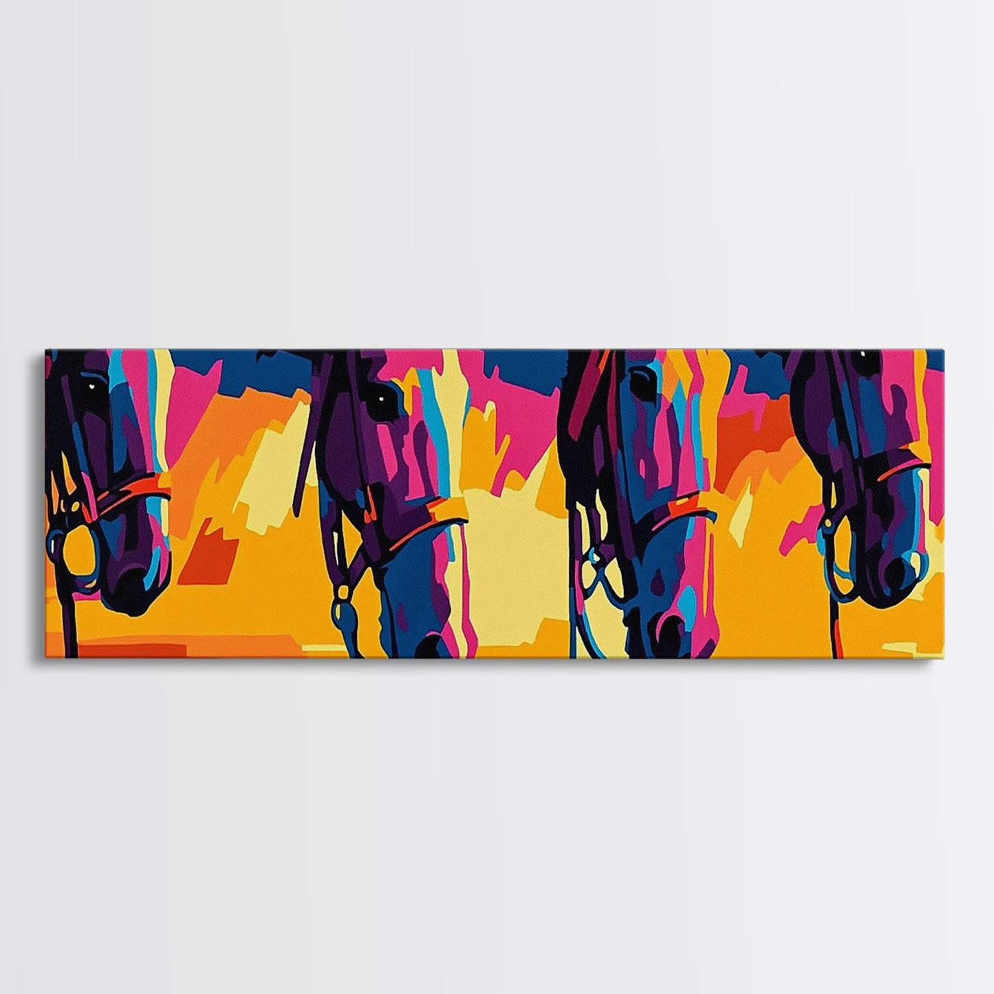 Colorful Horses, horse wall art, pink orange wall art, extra wide art, southwestern art, blotter art, Canvas Print, geometric wall art