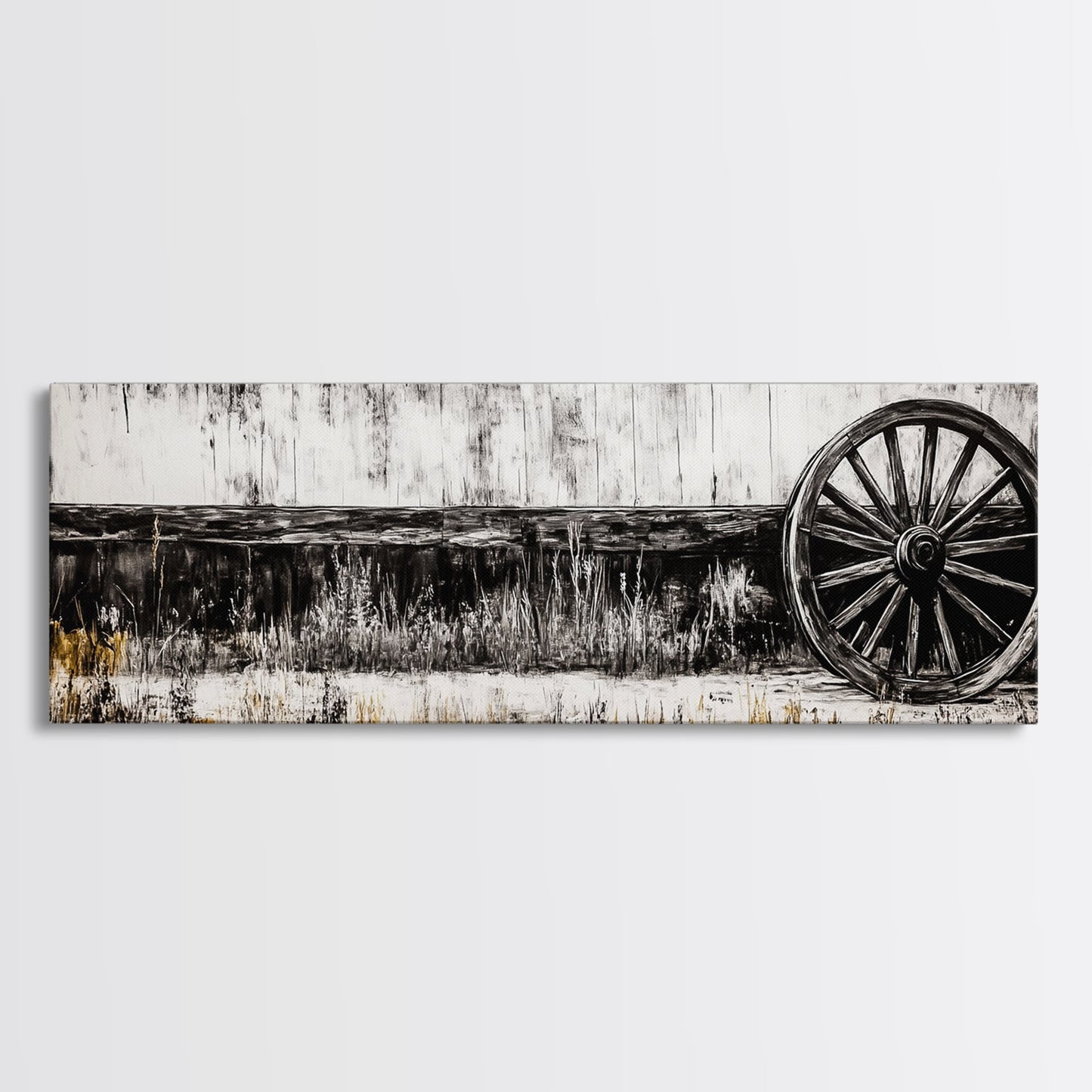Wagon Wheel, barn landscape oil painting, black and white art, rustic decor, farmhouse art, extra wide art, Framed Canvas Print, moody art