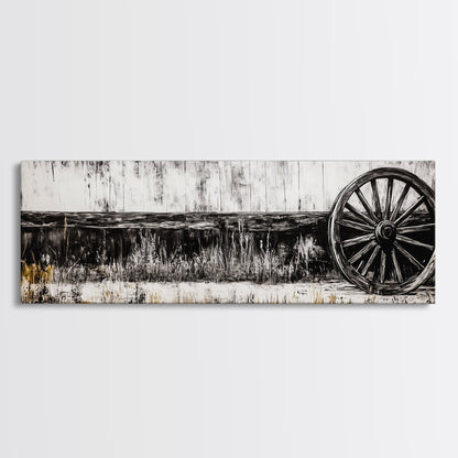 Wagon Wheel, barn landscape oil painting, black and white art, rustic decor, farmhouse art, extra wide art, Framed Canvas Print, moody art
