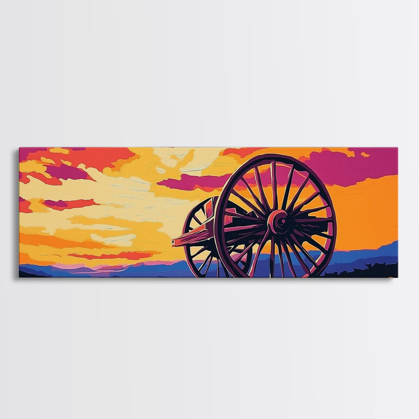 Sonnenuntergangs-Wagenrad, pink-orangefarbene Wandkunst, Kunst in kräftigen Farben, Boho-Kunst, Panoramagemälde, extrabreites Kunstwerk, gerahmter Leinwanddruck, Landschaftsmalerei