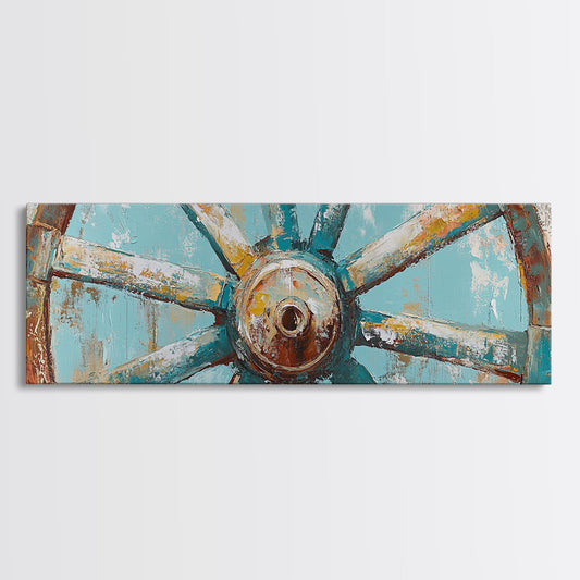 Rustic Wheel Closeup, sage green wall art, vintage decor, abstract art, farmhouse art, rustic decor, framed canvas print, horizontal wall art