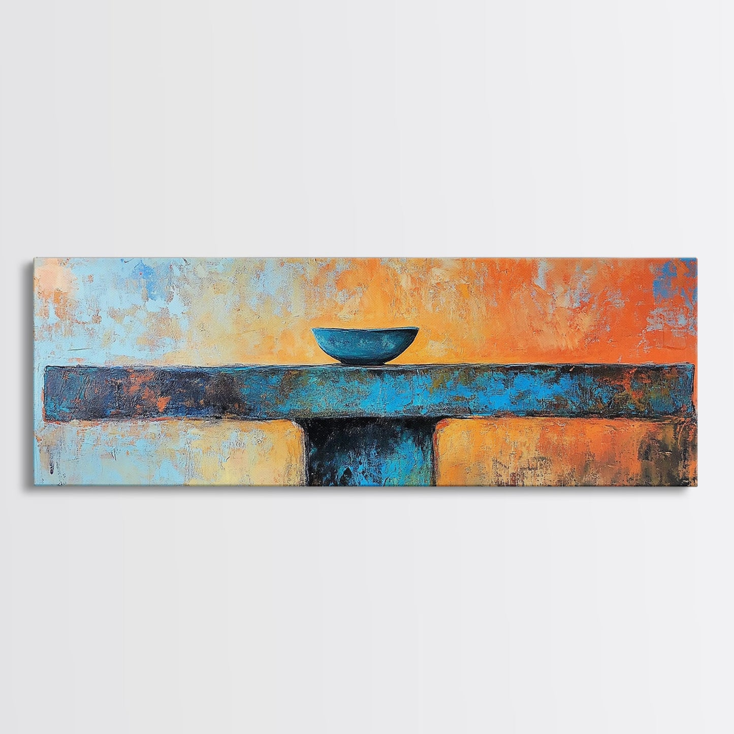 Blaue Schale, minimalistische Kunst, Wabi-Sabi-Kunst, extra breites Kunstwerk, gerahmter Leinwanddruck, salbeigrünes Wandbild, horizontales Wandbild, Therapiekunst