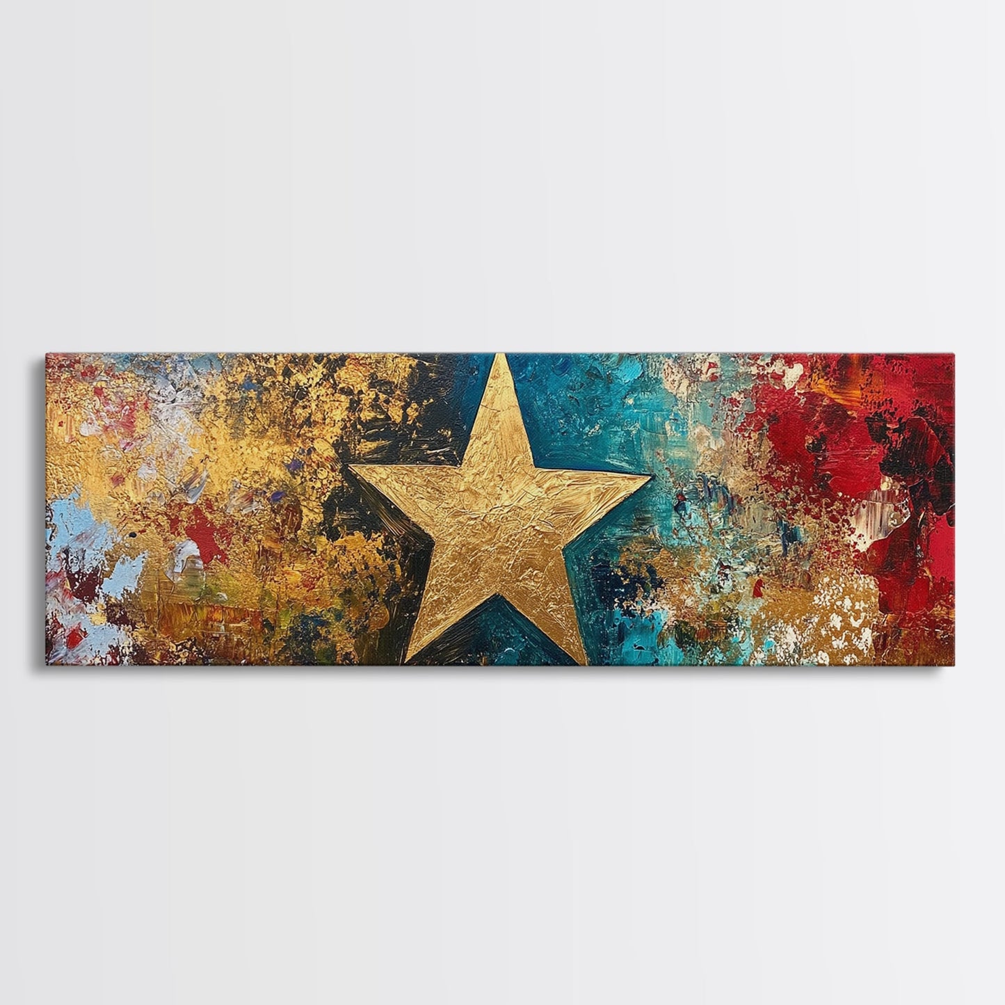 Goldener Stern, abstrakte Kunst, kräftige Farben, strukturierte Wandkunst, gerahmter Leinwanddruck, Mosaik-Wandkunst, extra breite Kunst, Kunst über dem Sofa