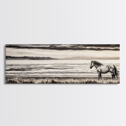 Black and White Horse Art, Framed Canvas Print, Vintage Horse Art, Moody Art, Rustic Wall Art, Extra Wide Art, Farmhouse Art, Above Sofa Art, Panoramic Art
