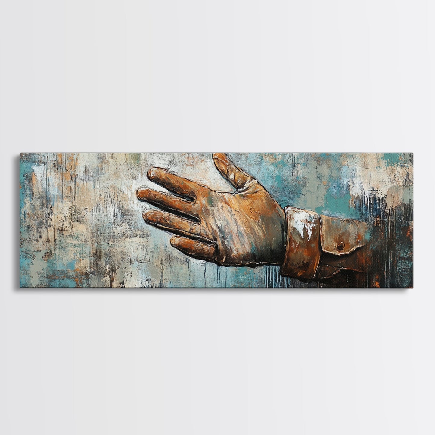 Rustikale Lederhandschuhkunst, gerahmter Leinwanddruck, Wabi-Sabi-Wandkunst, stimmungsvolle Kunst, türkisfarbene Wandkunst, extra breite Kunst, Landhauskunst