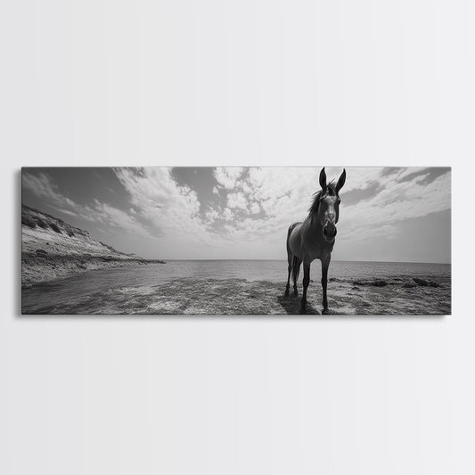 Lone horse, coastal cowgirl, panoramic art, extra wide art, vintage horse art, framed canvas print, rustic decor, seascape painting, moody art