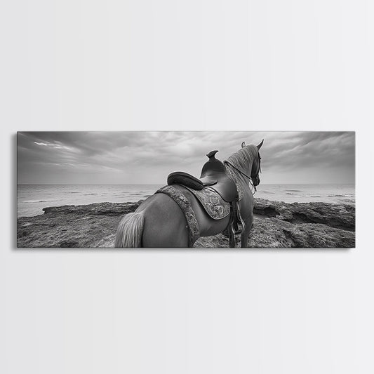 Horse on Shore, horse wall art, coastal cowgirl wall art, vintage horse art, rustic decor, extra wide art, framed canvas print