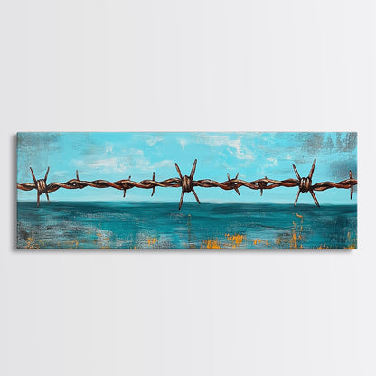 Barbed Wire Ocean, coastal decor, rustic art, farmhouse painting, minimalist painting, extra wide art, framed canvas print, moody art