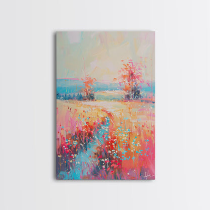 Luminous Landscape with Wildflowers - Framed Canvas Print, Radiant Living Room Art, Bright Bedroom Decor, Colorful Flower Art, Wall Art