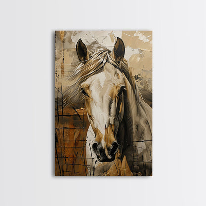 Realistic Horse Portrait with Warm Background - Framed Canvas Print, Equine Art, Living Room Wall Decor, Bedroom Horse Art Print