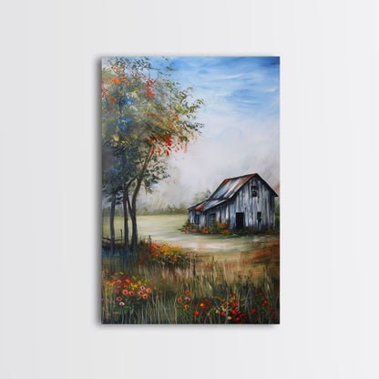 Idyllic Barn Scene with Rustic Charm - Framed Canvas Print, Country Living Room Decor, Farmhouse Wall Art, Barn Art Print for Bedroom