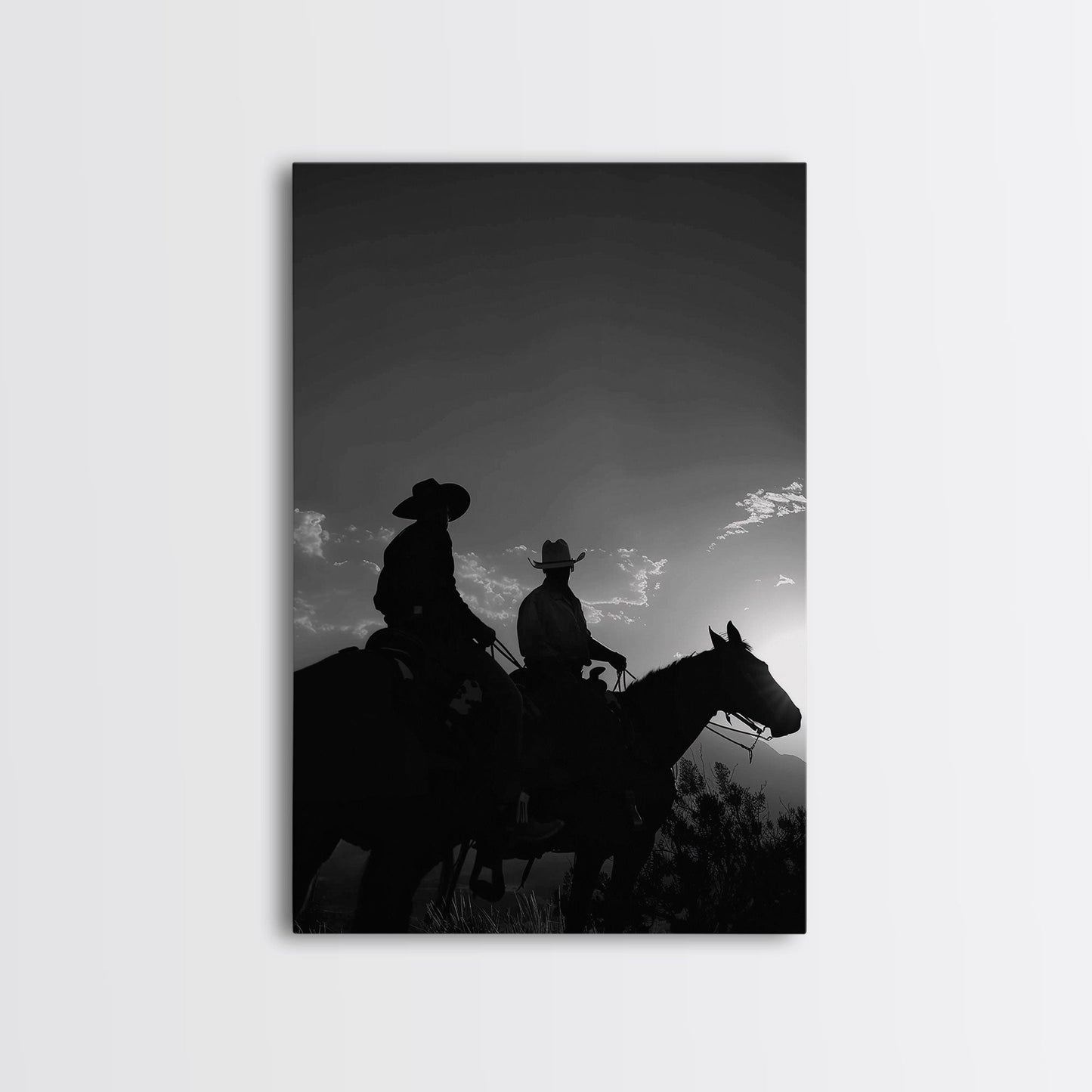 Two Cowboys Riding at Sunset in a Serene Black and White Western Landscape for Wall Art, Canvas Prints, Home Decor, Living Room Art