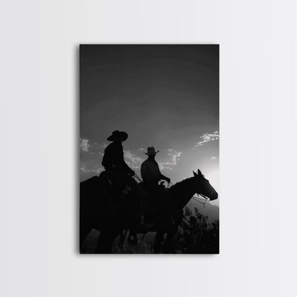 Two Cowboys Riding at Sunset in a Serene Black and White Western Landscape for Wall Art, Canvas Prints, Home Decor, Living Room Art