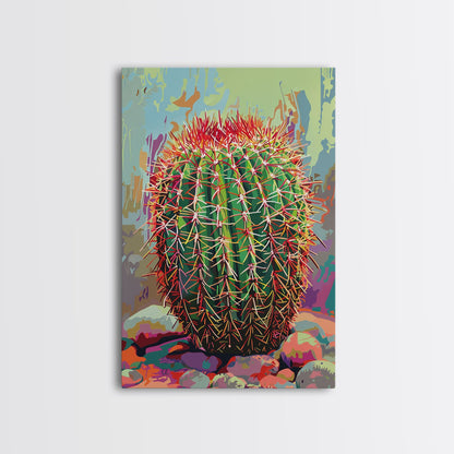 Bold Barrel Cactus Art with Red Spines - Framed Canvas Print, Vibrant Desert Decor, Living Room Art, Cactus Wall Art for Home
