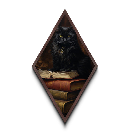 Black Cat with Spellbook and Antique Library Canvas Art Print, Dark Academia Diamond Shaped Art for Halloween Gothic Witch Decor
