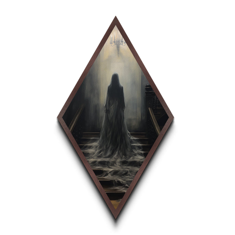 "Chandelier of Silence" Canvas Embossed Print of Spectral Figure Below Light, Diamond Shaped Art for Gothic Paranormal or Halloween Decor