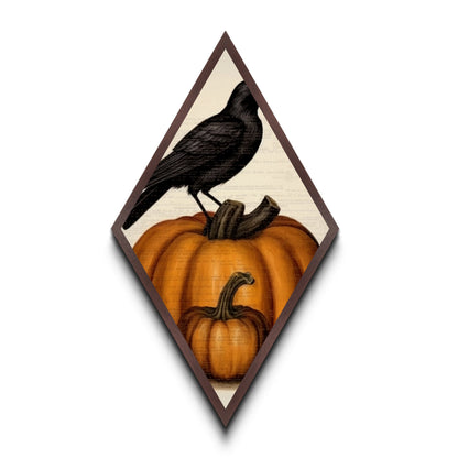 Black crow on stacked pumpkins Canvas Art Print in vintage Halloween aesthetic with dark farmhouse Diamond Shaped Art finish