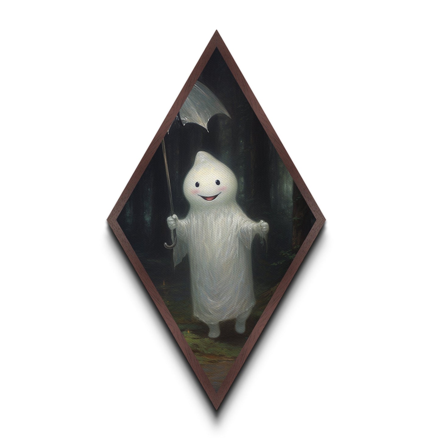 Mysterious Ghost with Umbrella Diamond Shaped Art in Pumpkin Patch Halloween Canvas Art Print Dark Academia Spooky Forest Theme