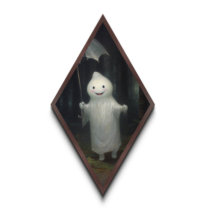 Mysterious Ghost with Umbrella Diamond Shaped Art in Pumpkin Patch Halloween Canvas Art Print Dark Academia Spooky Forest Theme