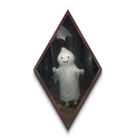 Mysterious Ghost with Umbrella Diamond Shaped Art in Pumpkin Patch Halloween Canvas Art Print Dark Academia Spooky Forest Theme