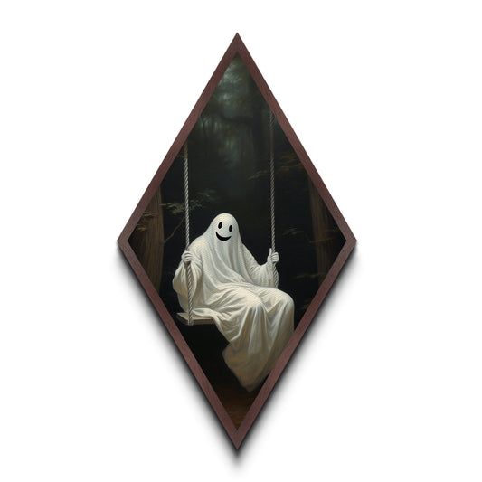 Charming ghost character on swing in misty woods, Diamond Shaped Art with Canvas Embossed Print, dark cottagecore Halloween décor