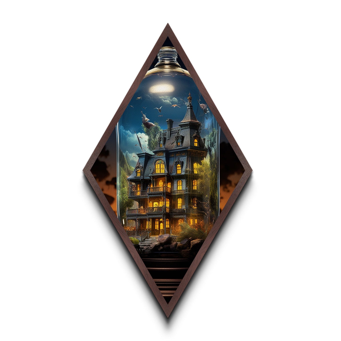 Viktorianisches Spukhaus in der Abenddämmerung – Rautenförmiger Kunstdruck auf Leinwand mit leuchtenden Fenstern – gotische Halloween-Dekoration