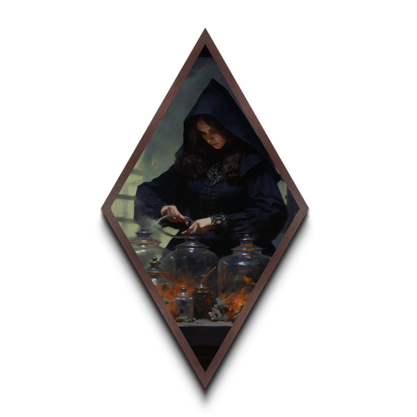 Viktorianische Hexe braut Zaubersprüche – Diamantförmiges Kunstwerk für Halloween – Leinwanddruck im düsteren Gothic-Stil