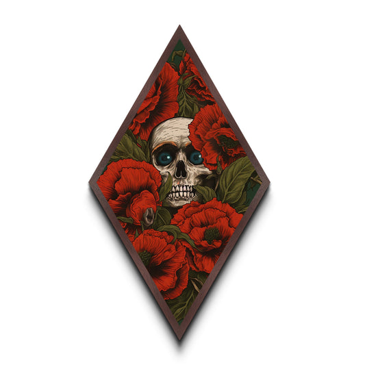 The Skull Amongst The Red Flowers, Spooky Halloween Wall Art, Diamond Shaped Art, Creepy Home Decor