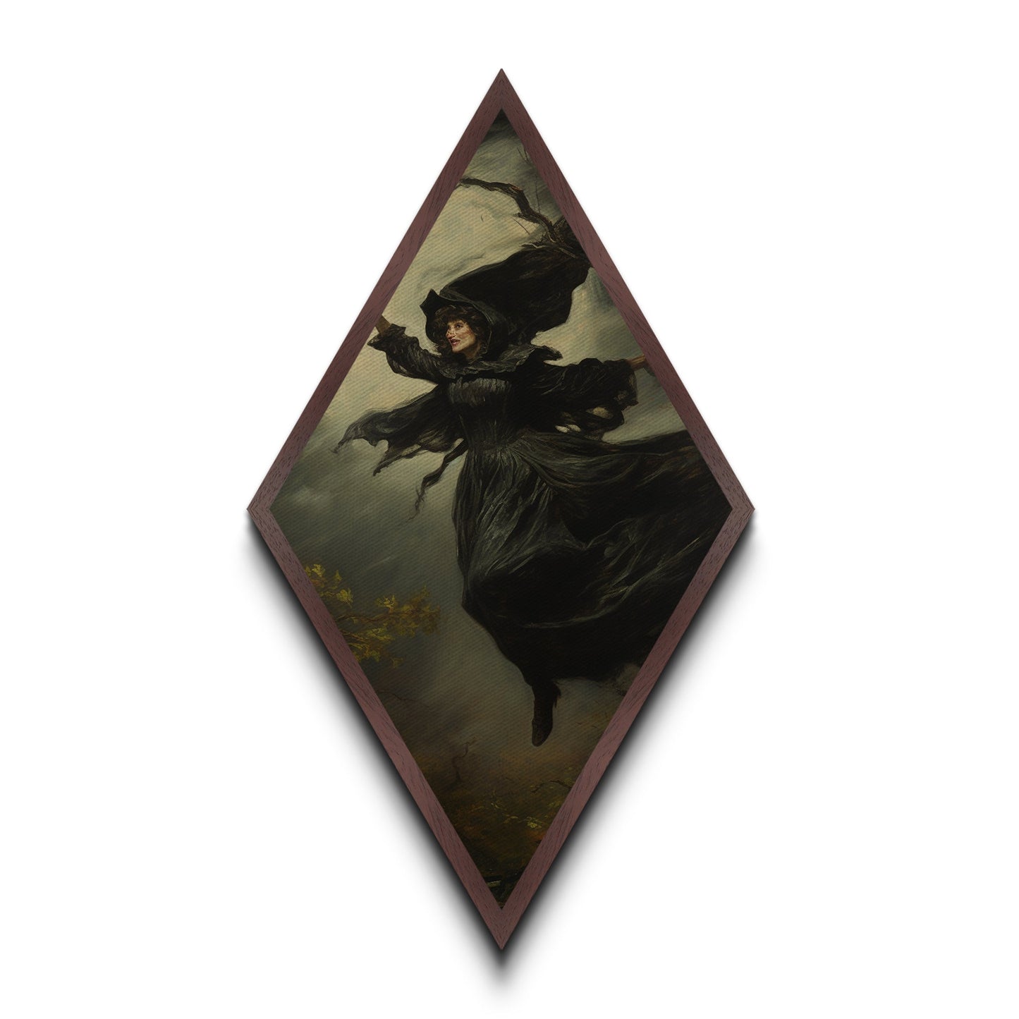 Die fliegende Hexe, gerahmter Leinwanddruck, unheimliche gotische viktorianische Wandkunst, Gemälde einer Hexe aus Dark Academia