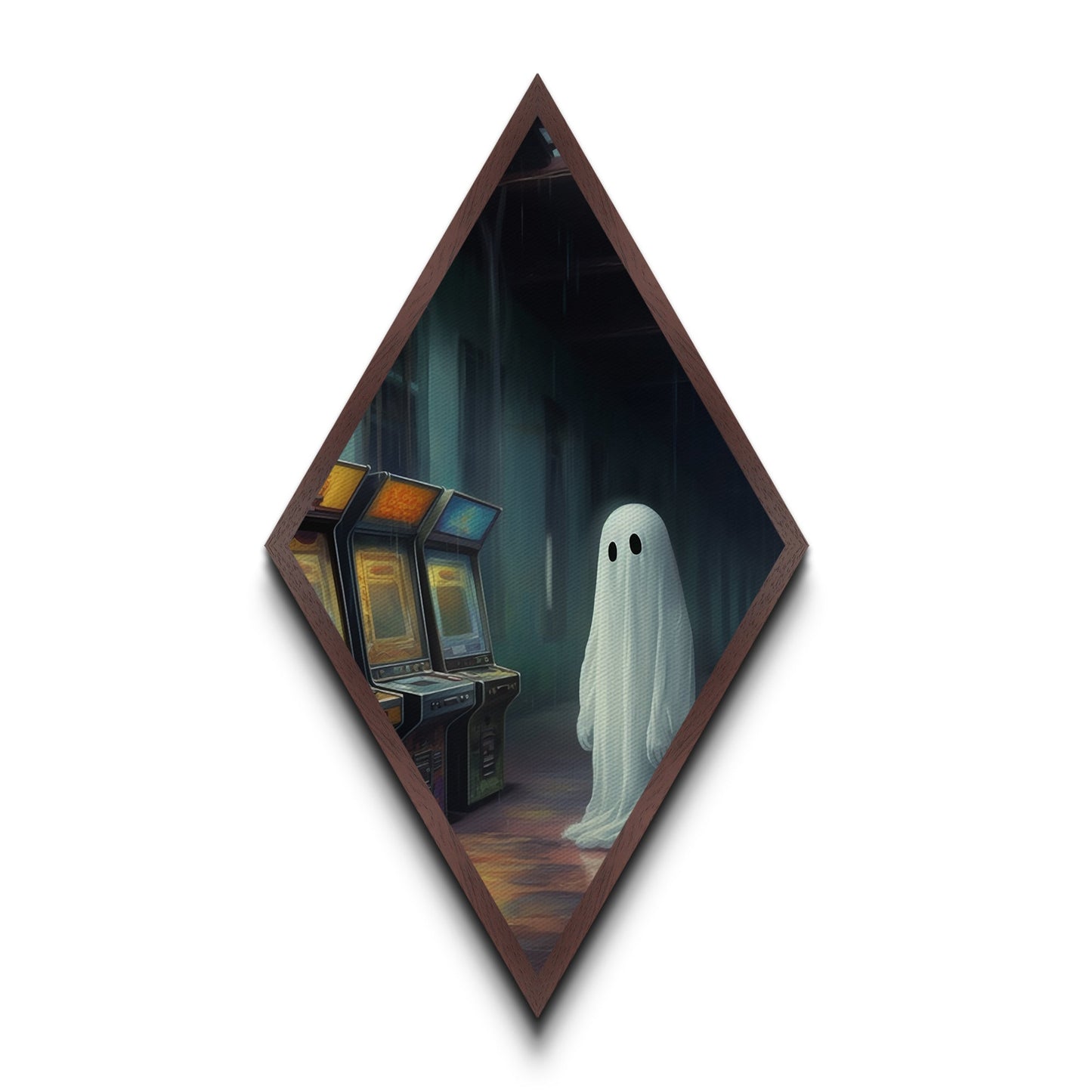 Einsamer Geist in regnerischer Spielhalle – Rautenförmiger Kunstdruck auf Leinwand – Geprägter Druck – Gruselige Vaporwave-Halloween-Wanddekoration im surrealen, nostalgischen Stil