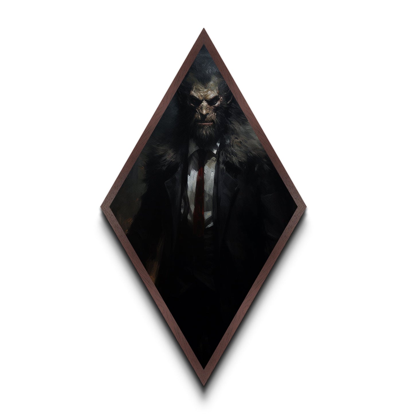 Rautenförmiger Leinwanddruck mit Werwolf-Motiv, gotisches Horrormonster im Anzug, viktorianische Halloween-Dekoration im Stil von Dark Academia für die Wand