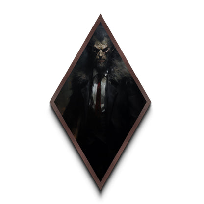 Rautenförmiger Leinwanddruck mit Werwolf-Motiv, gotisches Horrormonster im Anzug, viktorianische Halloween-Dekoration im Stil von Dark Academia für die Wand