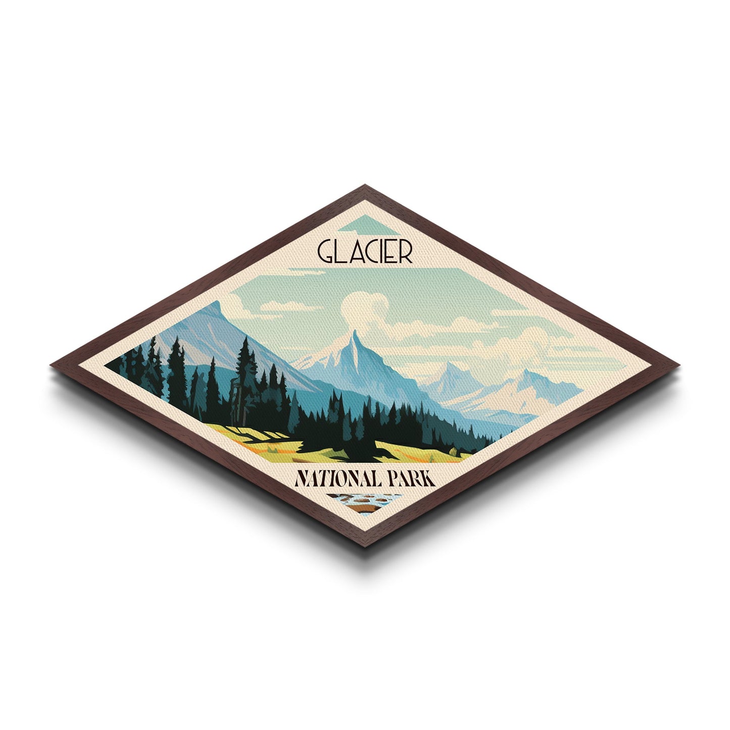 Retro-Reiseposter „Glacier Nationalpark“ auf Leinwand, Kunst mit Struktur, Reisedeko, Midcentury-Modern-Deko, Montana-Reisekunst