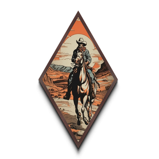 Canyon Trail Cowboy Ride Diamond Shaped Canvas Textured Print — Southwestern Western Wall Art Desert Horse Scene Rustic Ranch Decor