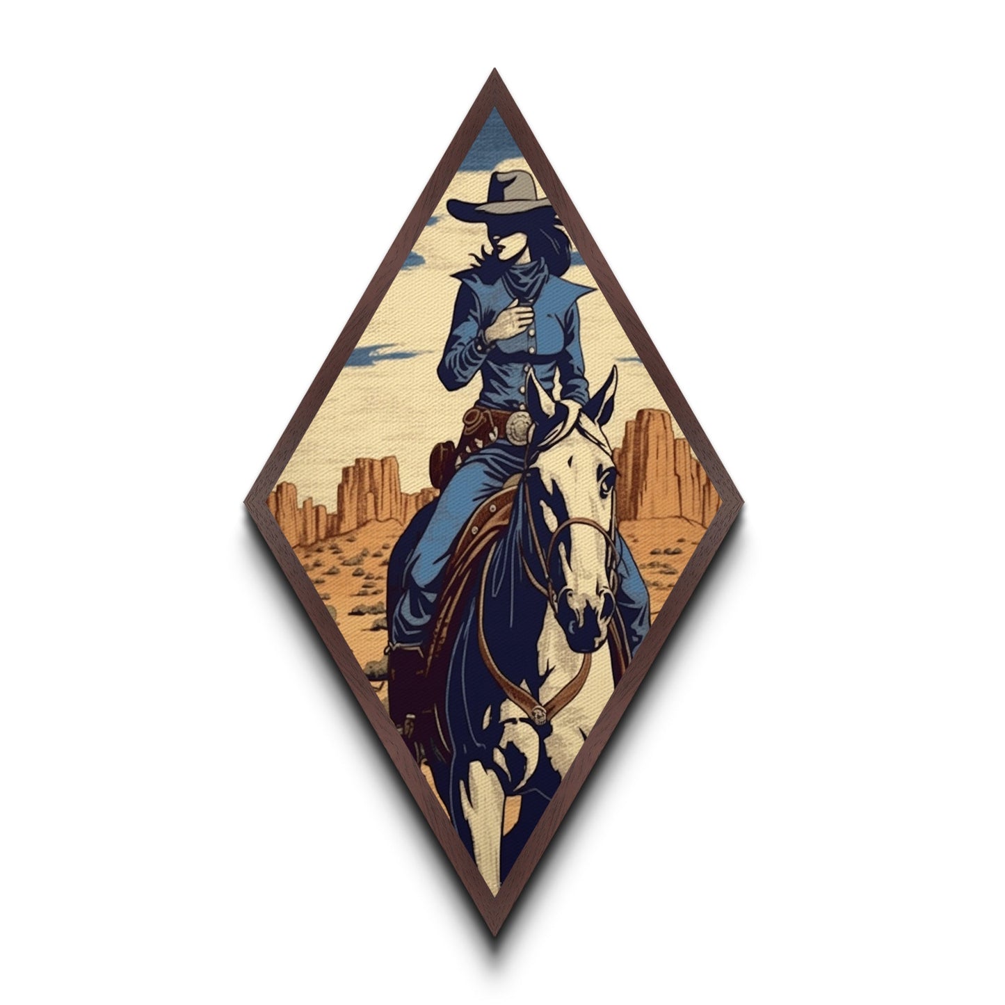 Desert Cowgirl Vibes Diamond Shaped Western Canvas Art Print with Horseback Rider in Blue Outfit Retro Country Rodeo Woman Home Accent