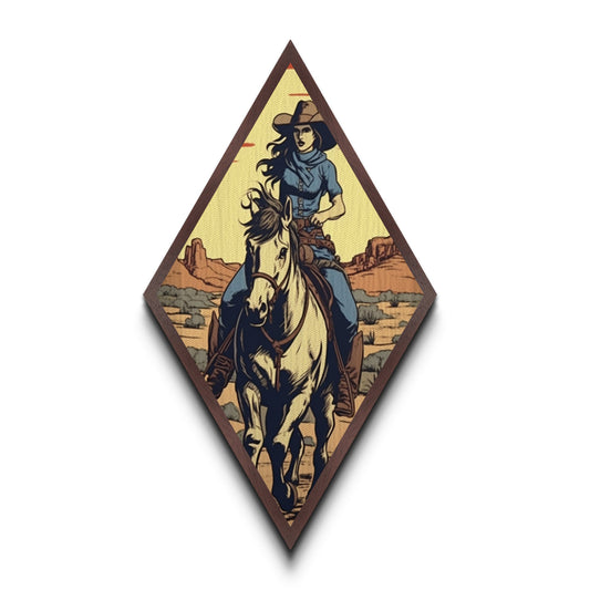 Cowgirl Desert Rider Diamond Shaped Western Wall Decor Canvas Embossed Print Retro Horseback Woman Artwork Rustic Country Living