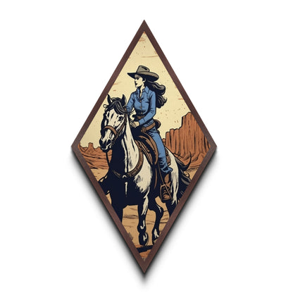 Trailblazing Cowgirl Diamond Shaped Western Wall Art Canvas Embossed Print Horseback Desert Landscape Rustic Country Home Decor