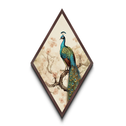 Majestic Peacock Bloom Diamond Shaped Elegant Bird Wall Art Canvas Textured Print Botanical Fine Art Nature-Inspired Decor