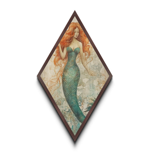 Ocean Spirit Mermaid Diamond Shaped Ethereal Fantasy Art Canvas Embossed Print Mystical Redhead Decorative Underwater Beauty