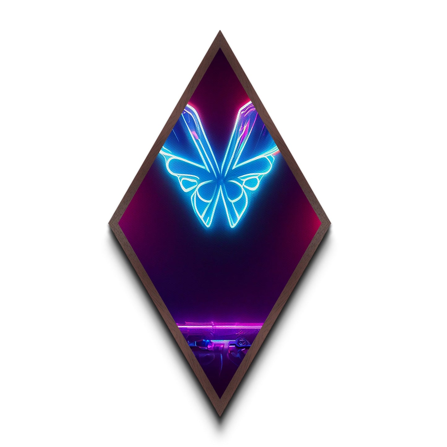 Neon Butterfly Pulse – Diamond Shaped Futuristic Glow Canvas Embossed Print, Cyberpunk Wall Art, Vaporwave Lighting Aesthetic