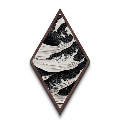 Monochrome Wave Fury – Diamond Shaped Japanese Style Ocean Print Canvas Textured Print, Bold Black and White Wall Art, Ink Style Sea