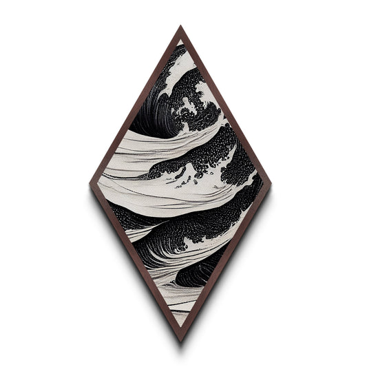 Monochrome Wave Fury – Diamond Shaped Japanese Style Ocean Print Canvas Textured Print, Bold Black and White Wall Art, Ink Style Sea