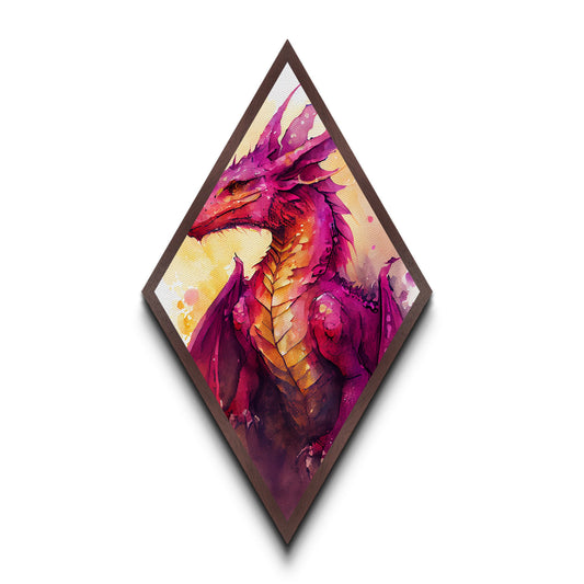 Crimson Dragon Gaze – Diamond Shaped Canvas Textured Print with Fantasy Creature Artwork, Mythical Beast Decor, Bold Watercolor Art