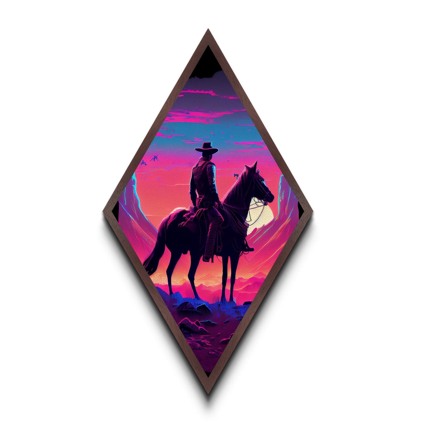 Neon Cowboy Sunset – Diamond Shaped Canvas Art Print with Western Landscape Scene, Vibrant Sky Wall Decor, Modern Desert Art