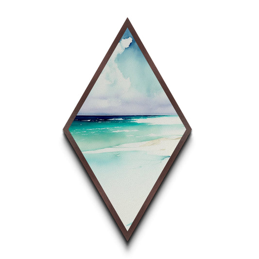 Soft Beach Horizon – Diamond Shaped Canvas Embossed Print with Coastal Watercolor Decor, Ocean Shore Wall Art, Serene Minimal Scene