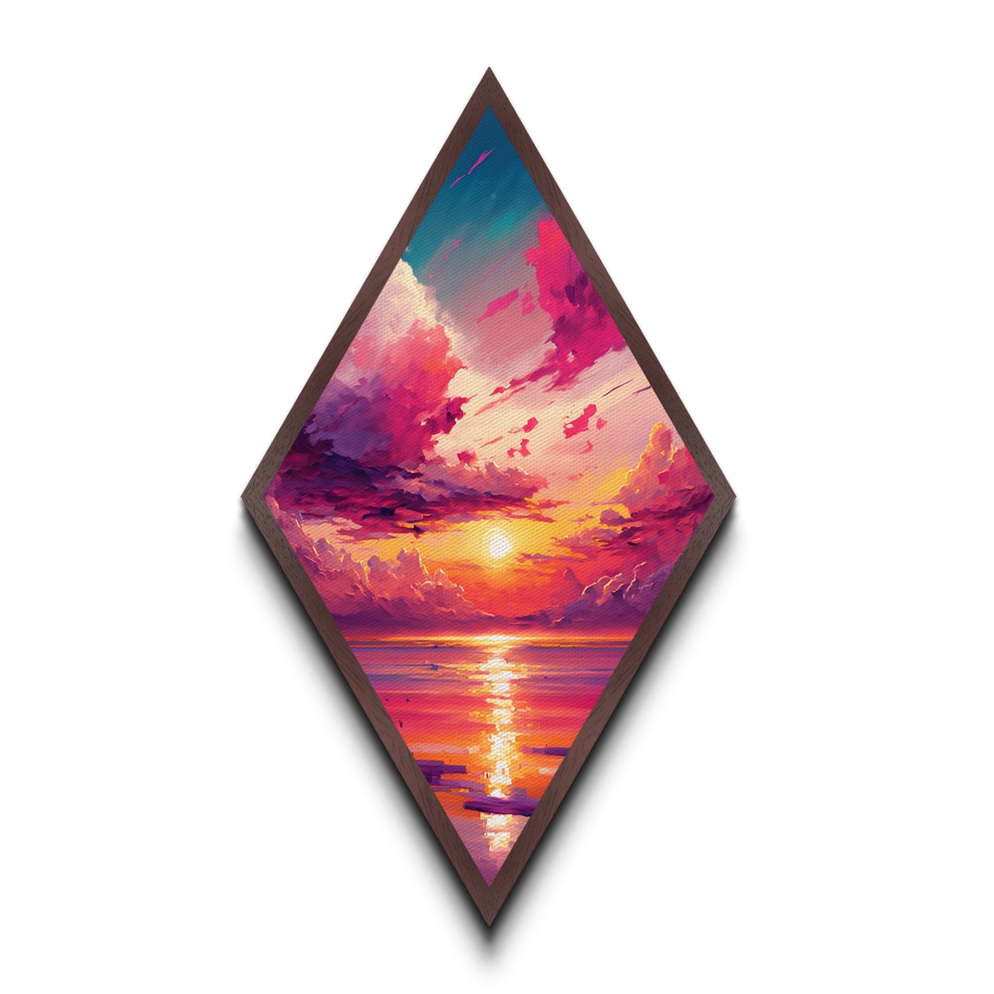 Sunset Dream Sky – Diamond Shaped Canvas Art Print with Colorful Cloudscape, Ocean Reflection Wall Decor, Tropical Sunrise Painting