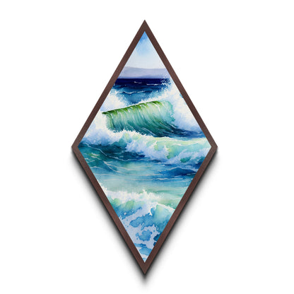 Ocean Wave Surge Diamond Shaped Canvas Textured Print, Coastal Watercolor Seascape Wall Art, Blue Wave Nature Art Gift