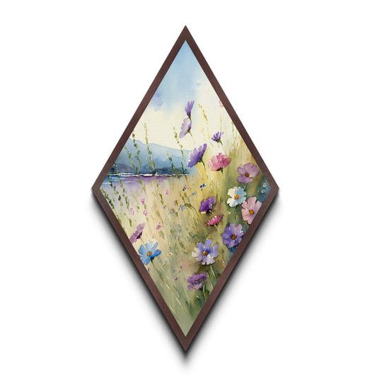 Meadow Breeze Blooms Diamond Shaped Canvas Textured Print, Wildflower Field Watercolor Floral Wall Art Cottagecore Decor